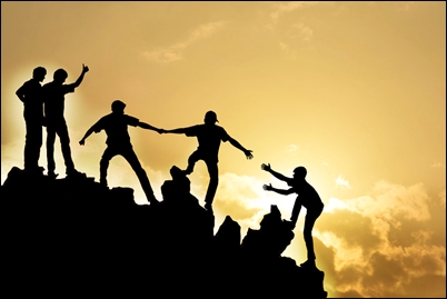 Group of people on peak mountain climbing helping team work , success concept